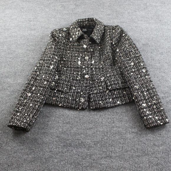 Zara Jacket Womens Medium Sequin Tweed Black Silver Boucle Cropped Blazer Party - Picture 1 of 9